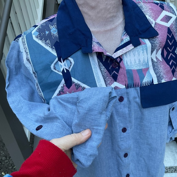 Vintage tapestry lightweight cotton denim aztec contrast collar & pocket flaps M - Picture 7 of 12